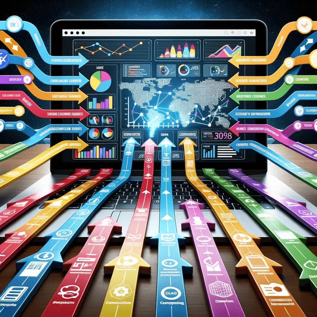 A visual representation of UTM links tracking data flow from multiple campaigns to a central analytics dashboard.