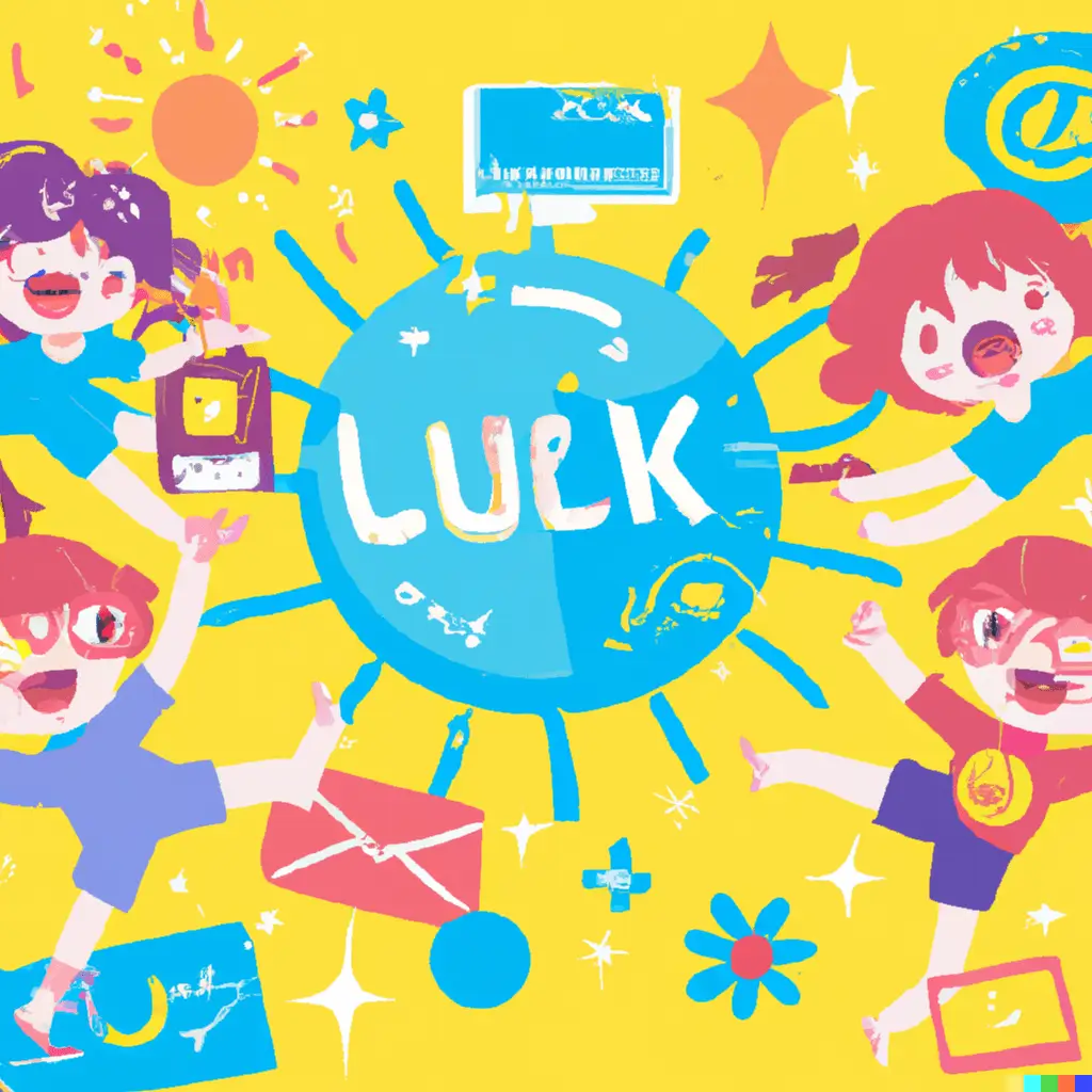 Children joyfully drawing a web link, with key elements such as source, medium, and campaign labels floating around them. They excitedly experiment with different colors for each parameter, under a virtual Facebook logo sun.