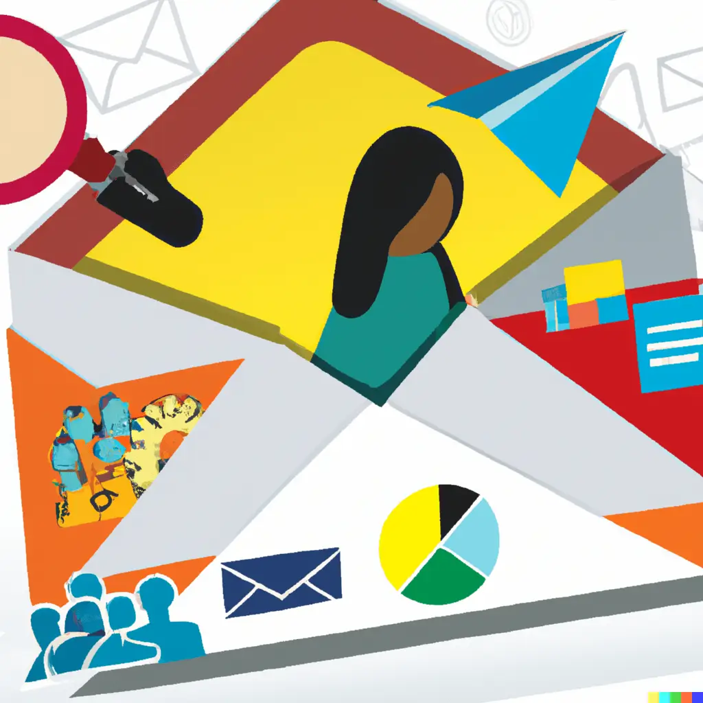 A playful illustration of a large envelop being dissected into colorful segments. Each segment showcases tiny symbols: a magnifying glass inspecting a link, a pie chart with click percentages, a group of diverse people representing segmentation, and a rising arrow denoting growth. The backdrop features abstract email icons raining down.